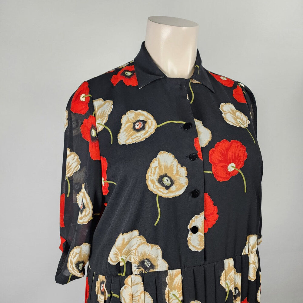 Black Floral Midi Dress with Red & Cream Poppies - Picture 2 of 10